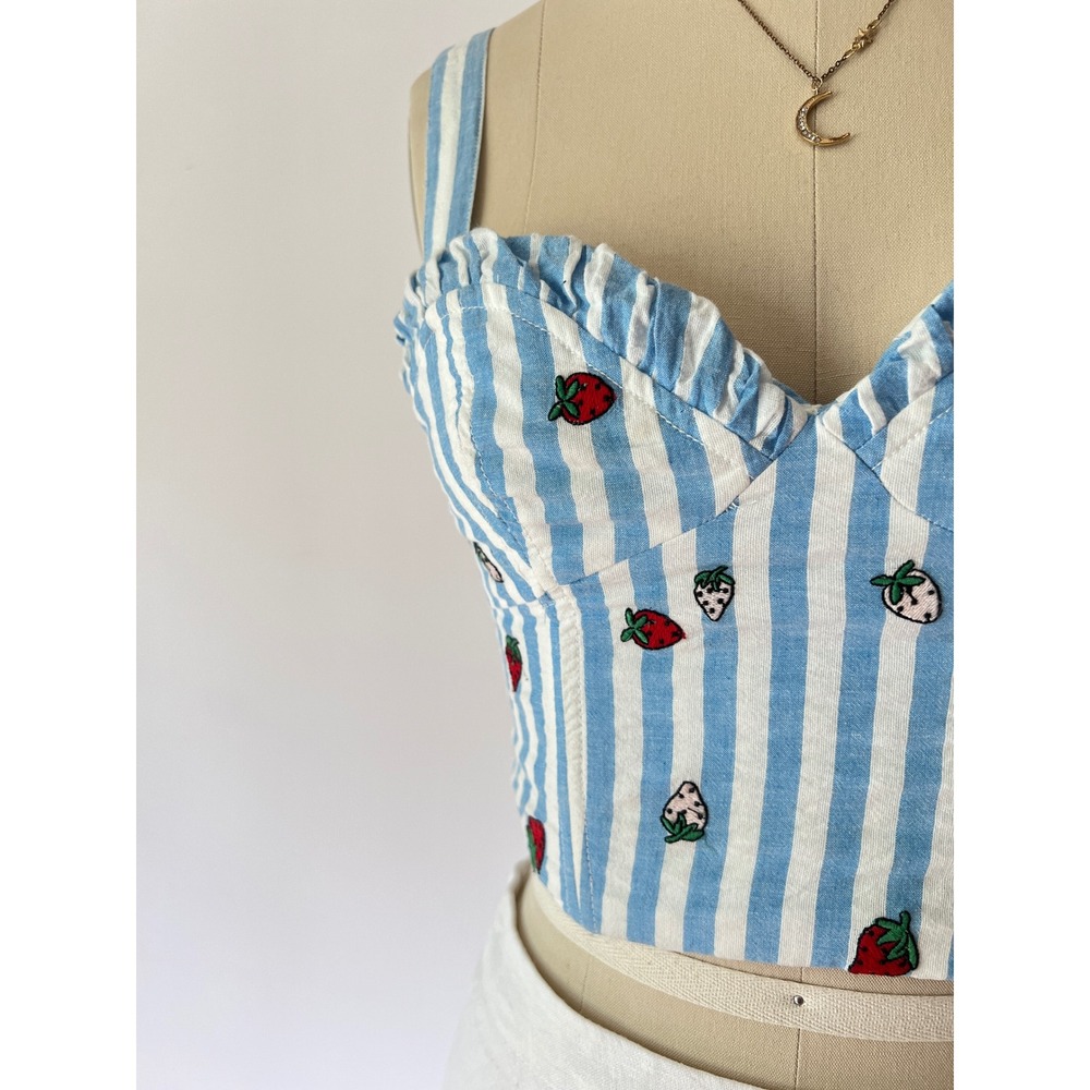 Maeve Anthropologie Bustier Top Blue White Striped Strawberry Embroidered 2 - Picture 5 of 9